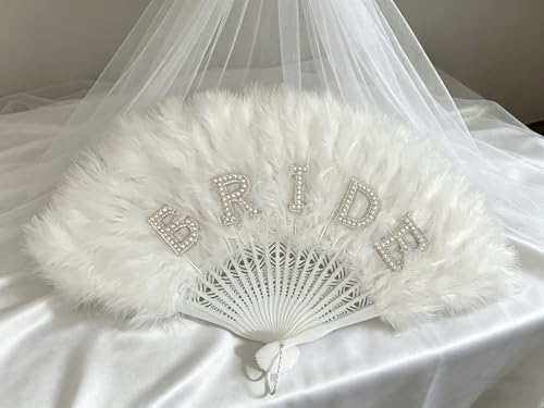 White Feather Bridal Hand Fan with Rhinestones for Wedding & Bachelorette Parties