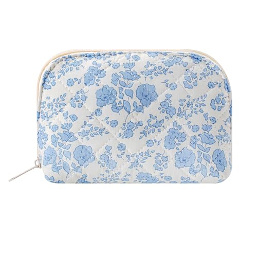 JOVAKIT Quilted Conch Makeup Bag - Blue Floral Travel Toiletry Pouch