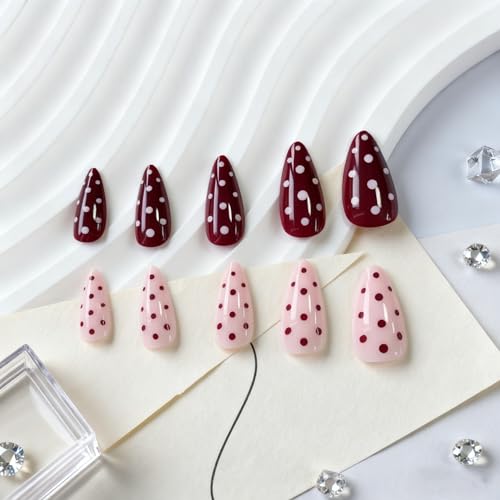 Pink Polka Dot Press on Nails Medium Almond Gel False Nails 24Pcs