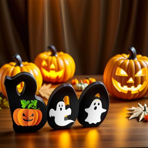 LLPMutu Wooden BOO Sign Halloween Table Decoration with Pumpkin and Ghost