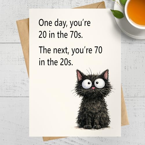 Funny 70th Birthday Card - Whimsical Black Cat Design, 5x7 Inch Greeting