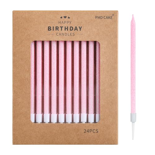 Iridescent Pink Long Thin Birthday Candles - 24 Pack