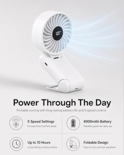 Portable Handheld Fan, USB Rechargeable Foldable Desk Fan with 5 Speeds