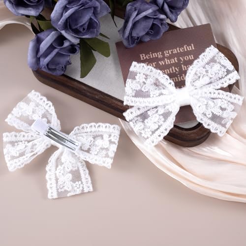 White Lace Hair Bow Clips - 2Pcs Small Mesh Bowknot Barrettes for Women
