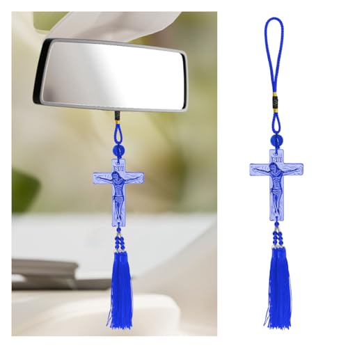 Crystal Jesus Cross Rearview Mirror Charm with Tassel - Blue