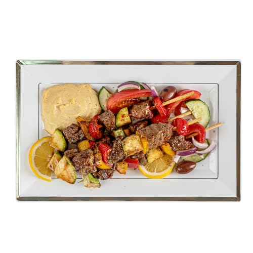 Restaurantware Moderna 11.5 x 7.3 Inch Premium Disposable Plates 100 Rectangular Plastic Plates For Parties - Silver-Rimmed Durable White Plastic Dinner Plates For Warm And Cold Foods