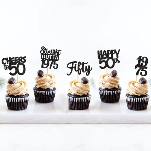 30PCS Black Glitter 50th Birthday Cupcake Toppers Set