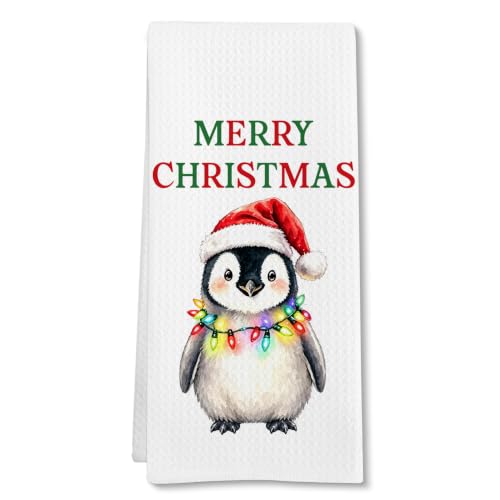 Christmas Penguin Kitchen Towel - Winter Penguin Hand Towel, Festive Decor