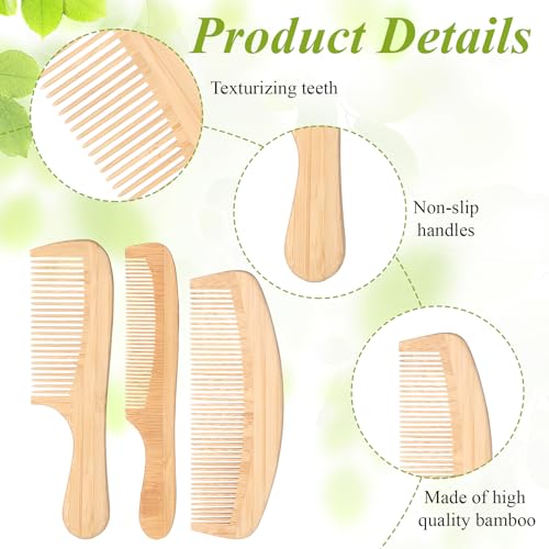 Natural Wooden Hair Comb Set - 3 Pack Anti-Static Bamboo Detangling Combs