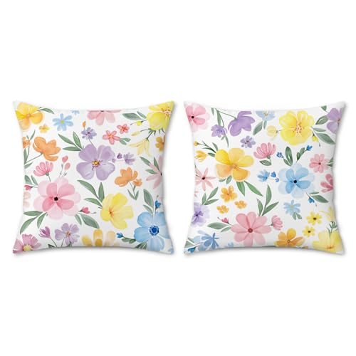 Bonhause Floral Throw Pillow Covers 18x18 Inch, Set of 2 Watercolor Cushion
