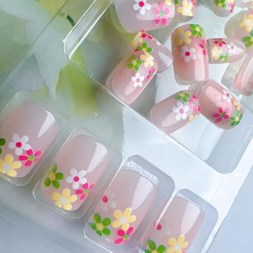BSBTBZ Flower Press-on Nails Short Square Glossy Acrylic French Tip False Nails