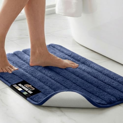 GORILLA GRIP Memory Foam Bath Mat, 24x16 Inch Navy Striped Bathroom Rug