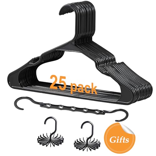 VECELO 25 Pack Plastic Hangers-Clothes Hangers with Shoulder Non Slip Notches,Clothing Hangers for Closet Space Saving-Heavy Duty Coat Hanger,Black