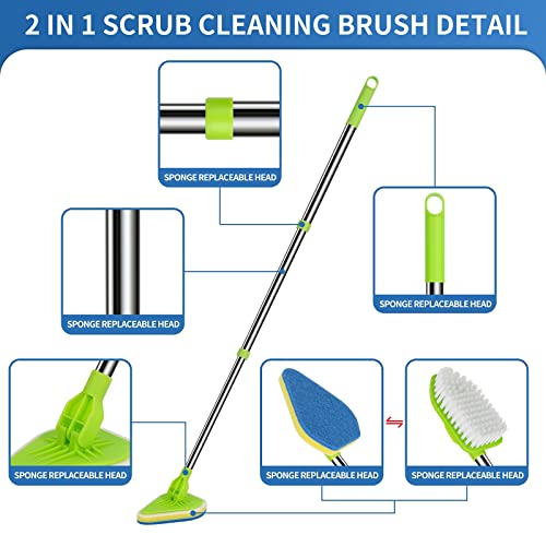 2-in-1 Extendable Shower Scrubber with Stiff Bristle & Sponge Brushes
