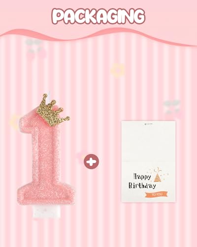 Pink Crown Number Birthday Candle with Greeting Card for Cake