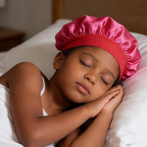 Ajcotahm 3-Pack Satin Sleep Bonnets for Kids - Silk Hair Caps with Wide Bands