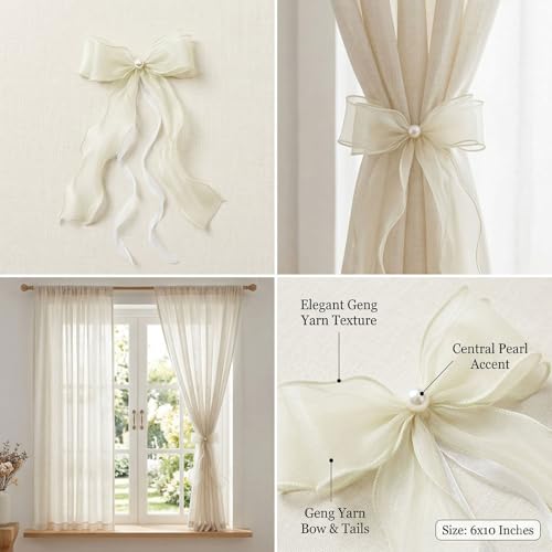 TAMHOO Creamy Ivory Lace Bow Curtain Tiebacks - 6 Pack, Pin-On Floral Ties
