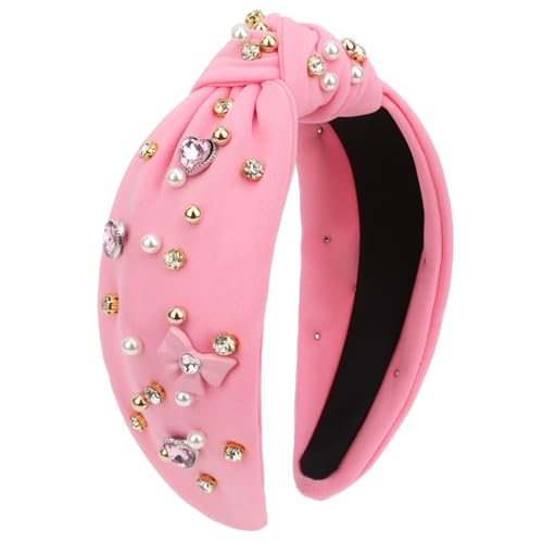 CURASA Valentine's Day Pink Pearl Rhinestone Knot Headband for Women