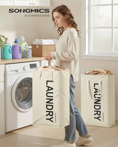 SONGMICS Cream White Laundry Hamper 80L, 2 Pack, Foldable