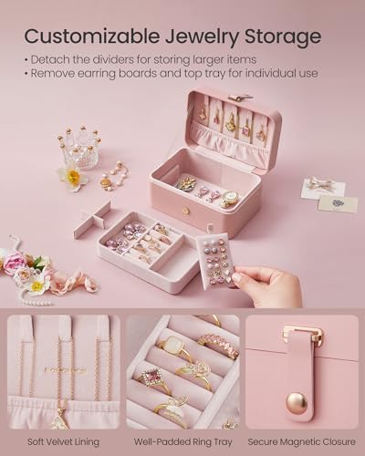 SONGMICS Travel Jewelry Organizer - 2-Layer Portable Jewelry Box in Jelly Pink