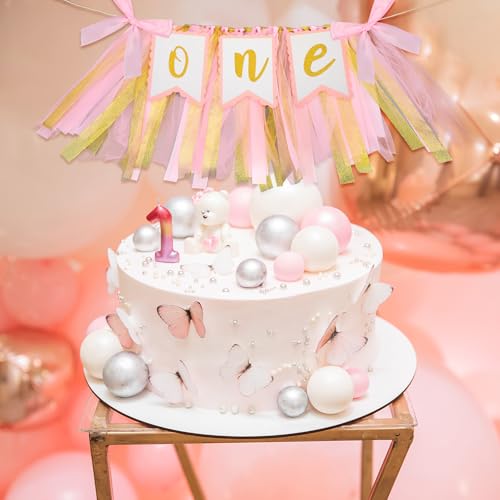Pink High Chair Banner for 1st Birthday Girl - Tulle & Ribbon Decor