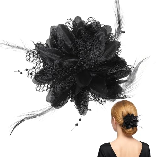 Black Rose Flower Hair Clip and Brooch with Feathers and Mesh
