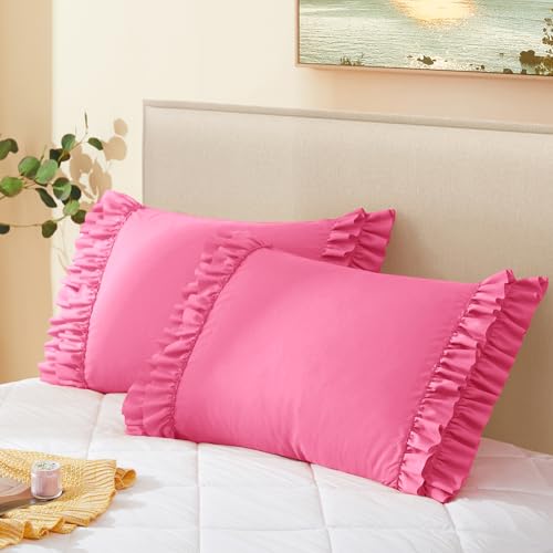 Vonty Hot Pink Ruffled Pillow Cases Set of 2, 20x54 Inch Body Size, Double Ruffle Design