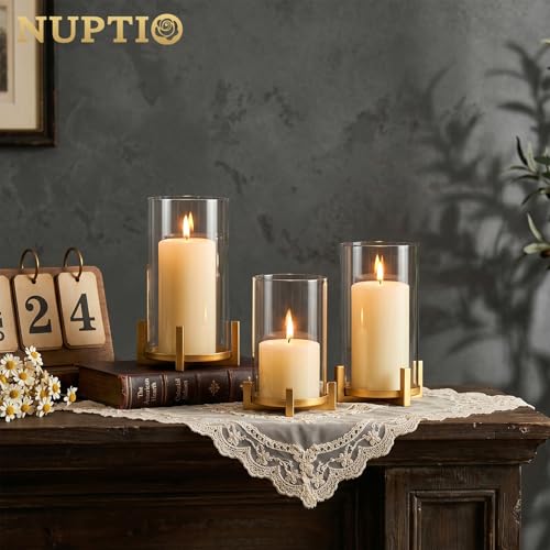 Gold Pillar Candle Holders Set of 3 - Hurricane Glass Candle Stands with Sleeve