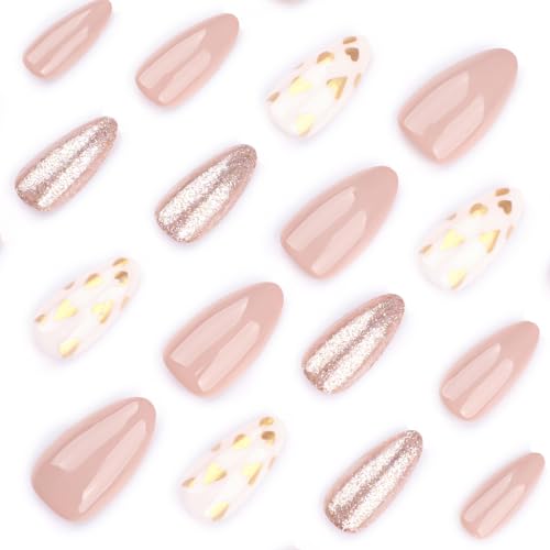 Gold Foil Heart Almond Press on Nails Glossy Glitter Fake Nails