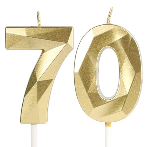 Gold 70th Birthday Candles | 3D Number Cake Topper for Celebrations