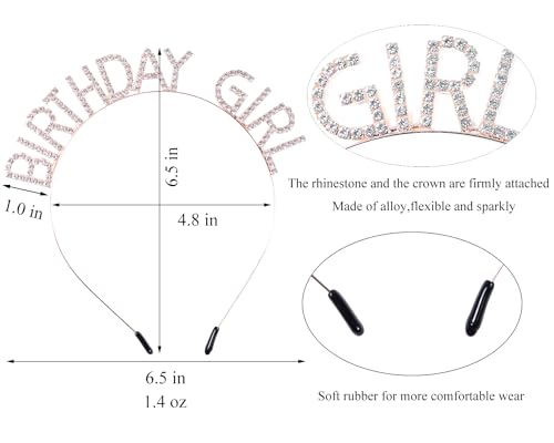 Birthday Girl Sash and Rhinestone Headband Set with Cake Topper Rose Gold