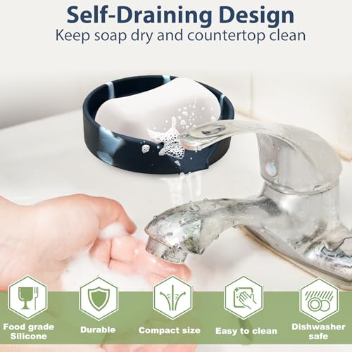 Marble Silicone Self-Draining Soap Dish with Suction Cups - Kitchen & Bathroom Sink Organizer