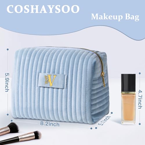 COSHAYSOO Velvet Travel Makeup Bag Initial Cosmetic Pouch Blue Letter V