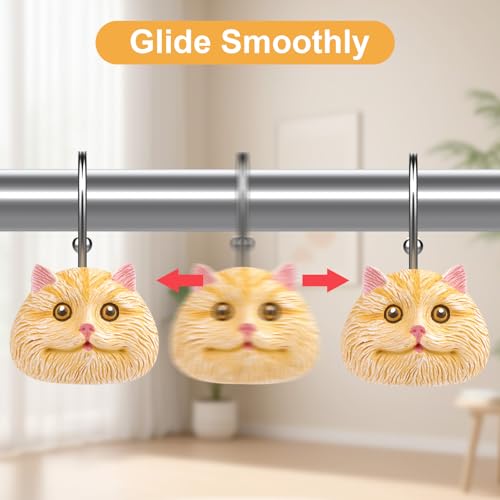 Cat Shower Curtain Hooks - 12-Piece Rustproof Metal Rings for Bathroom