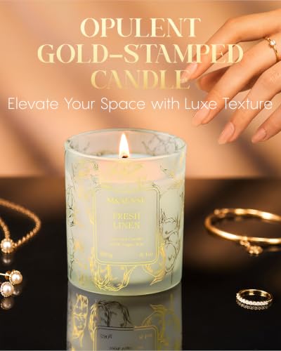 M&SENSE Fresh Linen Soy Candle, 8.1oz Gilded Glass Jar, Hypoallergenic