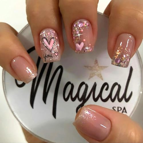 Valentine's Short Square Press on Nails - Pink French Tip Heart Glitter False Nails