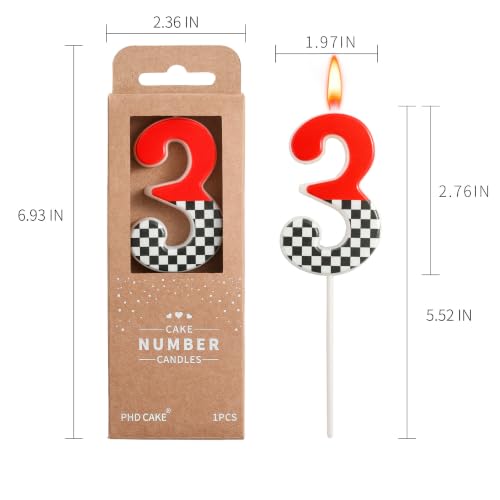 PHD CAKE Racing Stripes Number 3 Birthday Candle 2.76 Inch Red, Black & White