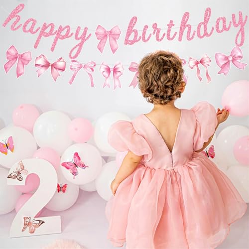 Pink Bow Birthday Banner and Garland Set for Girl Party Decorations