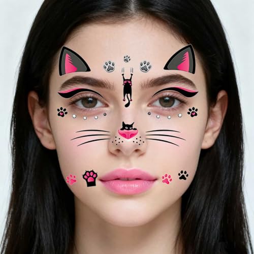 Cat Face Gems Crystal Temporary Tattoos 6 Sheets Festival Makeup