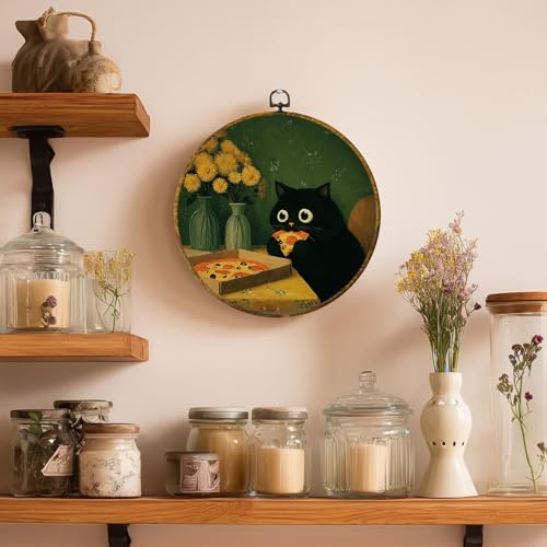Pizza Cat Wall Art – Black Cat Canvas Print, 10x10 Framed Decor