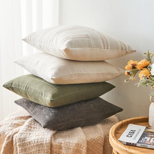 GriNeed 18x18 Olive Green Striped Throw Pillow Covers - Set of 2