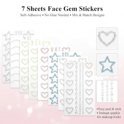 Dcoteh 7 Sheets Self-Adhesive Face Gems, 3D Heart & Star Rhinestone Stickers