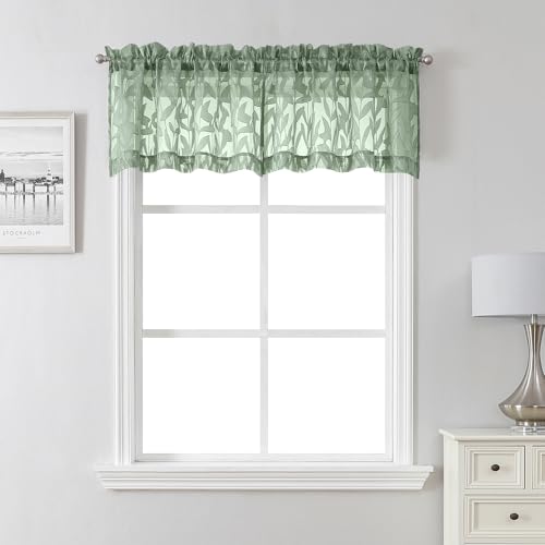 Sage Green Sheer Curtains - Jacquard Leaf Textured 2 Panels 28" W x 16" L