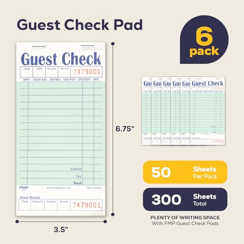 FMP Brands Guest Check Pads - 6 Pack, 300 Sheets for Servers