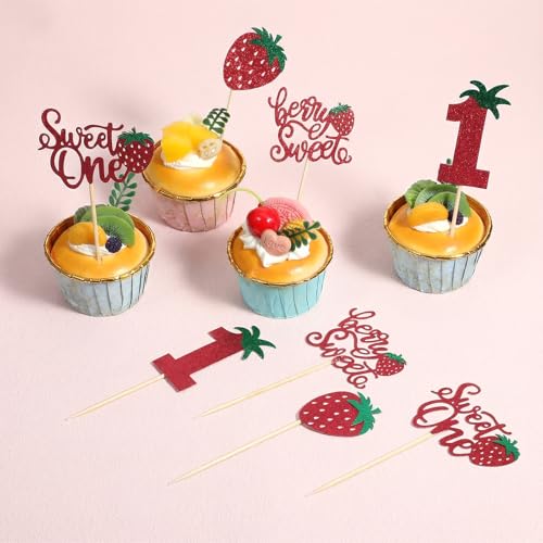 24 Strawberry Cupcake Toppers for 1st Birthday Party Decor