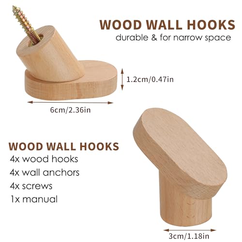 DELITON 4 Pack Solid Beech Wood Wall Hooks - Natural Wood Screw-In Coat Hanger