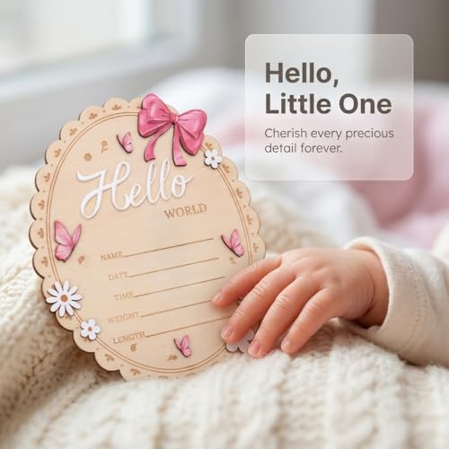 Hello World Wooden Baby Birth Announcement Sign - Oval Floral Keepsake