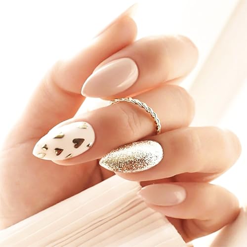 Gold Foil Heart Almond Press on Nails Glossy Glitter Fake Nails