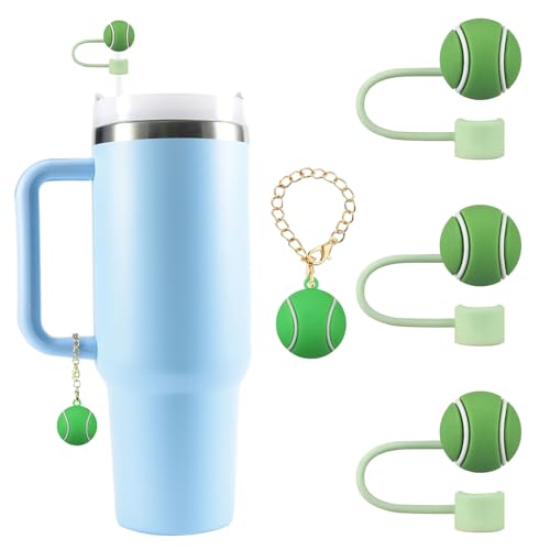 3PCS Straw Cover for Stanley Cup 30&40 Oz 10mm Silicone Straw Topper Protector Lid with 1PCS 3D Personalized Tennisball Charm Stanley Tumblers Accessories (3pcs Tennisball +1pcs Tennisball Charm)