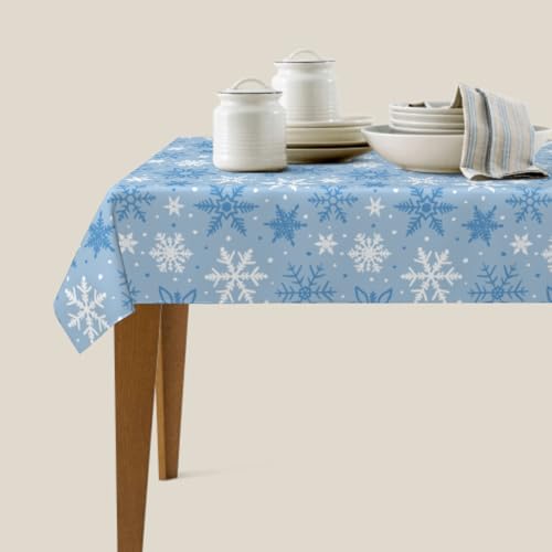 84x60 Inch Light Blue Snowflake Christmas Tablecloth - Rectangular Holiday Decor